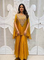 Mustard Crushed Silk Indo-Western Kaftan Sharara Set
