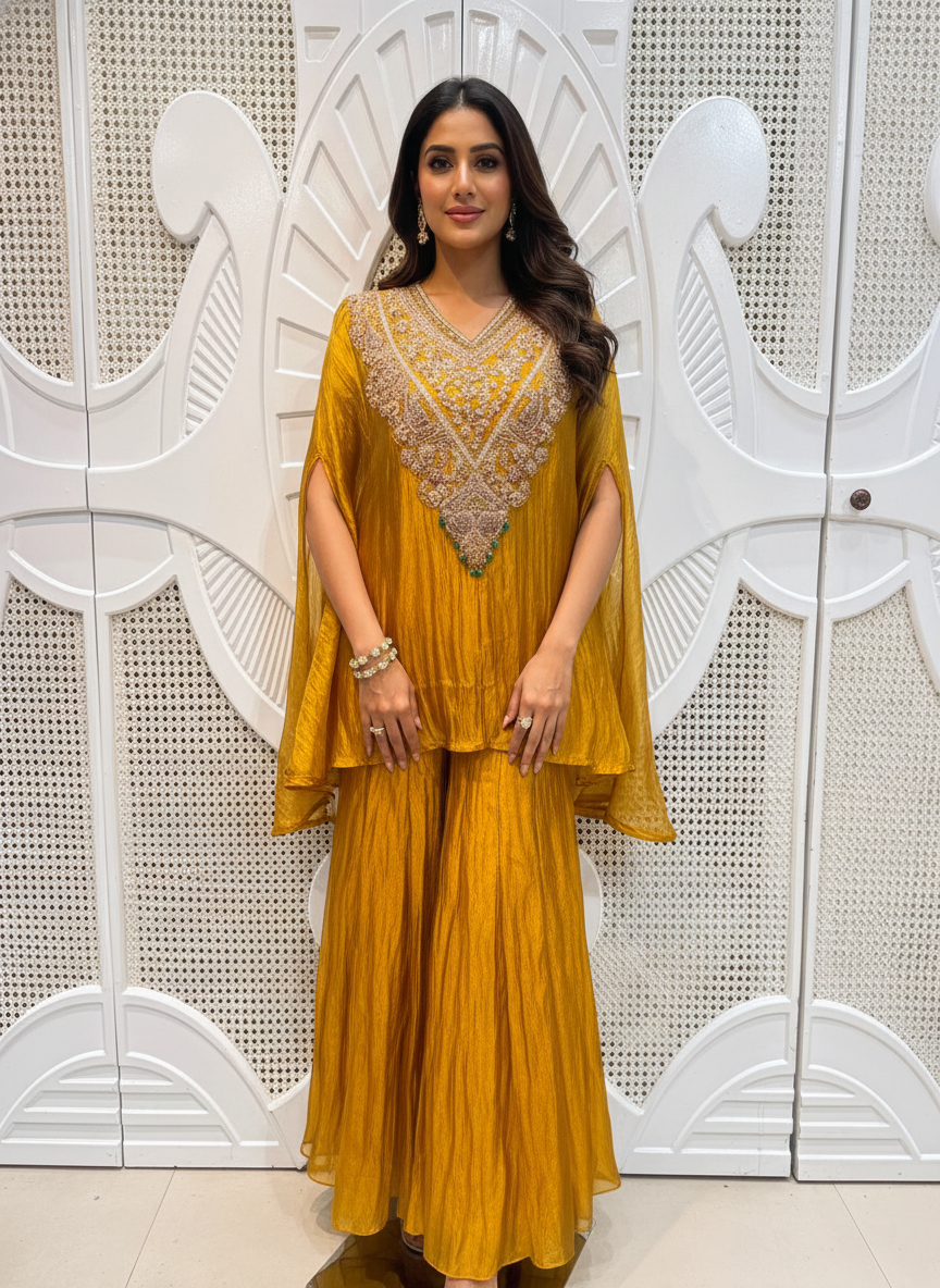 Mustard Crushed Silk Indo-Western Kaftan Sharara Set