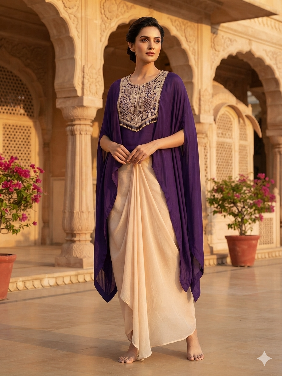 Royal Purple Embroidered Cape & Draped Skirt Set