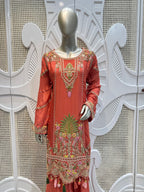 Coral Pink Scalloped Embroidered Silk Kurta Plazo Set