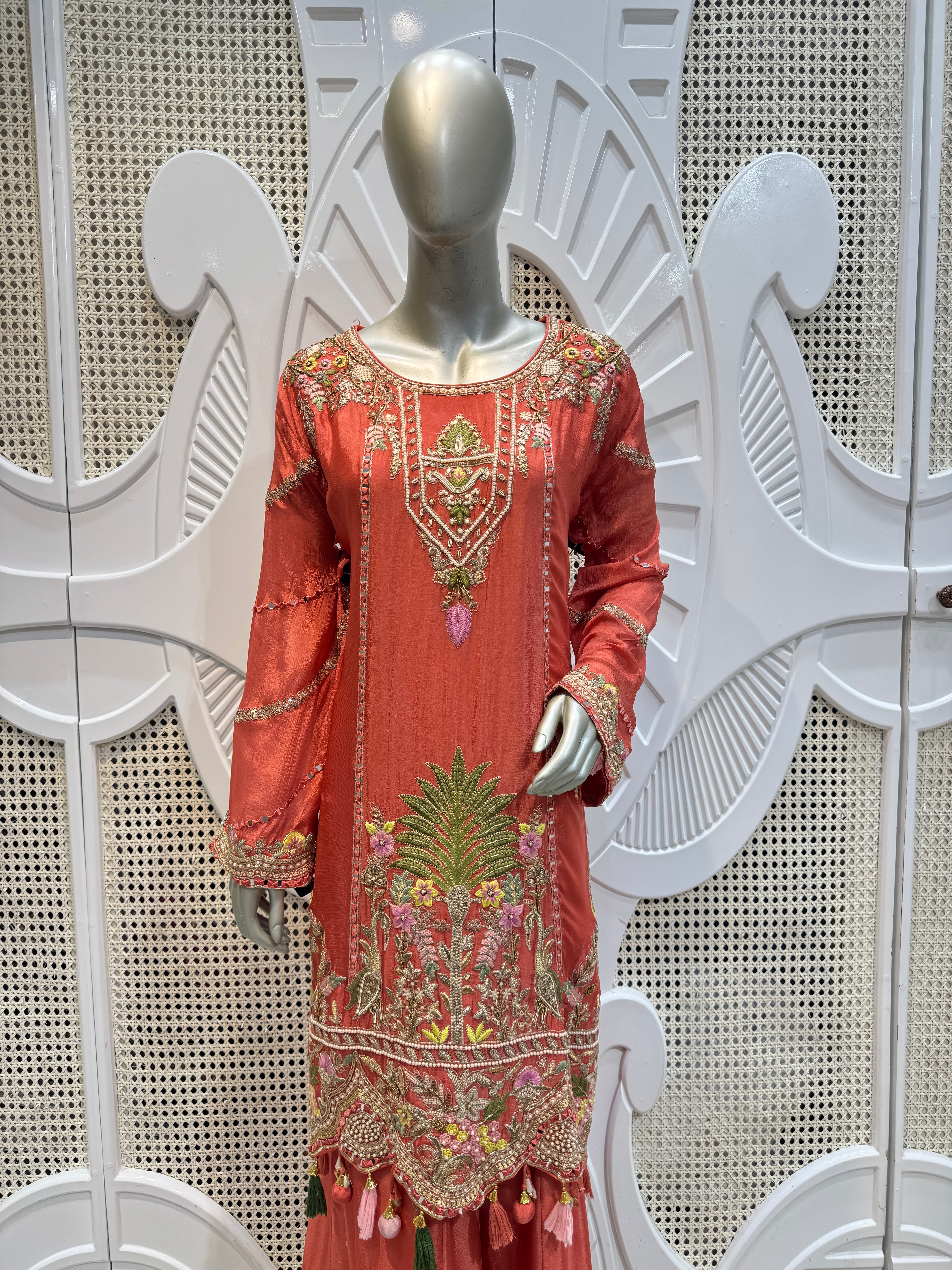 Coral Pink Scalloped Embroidered Silk Kurta Plazo Set