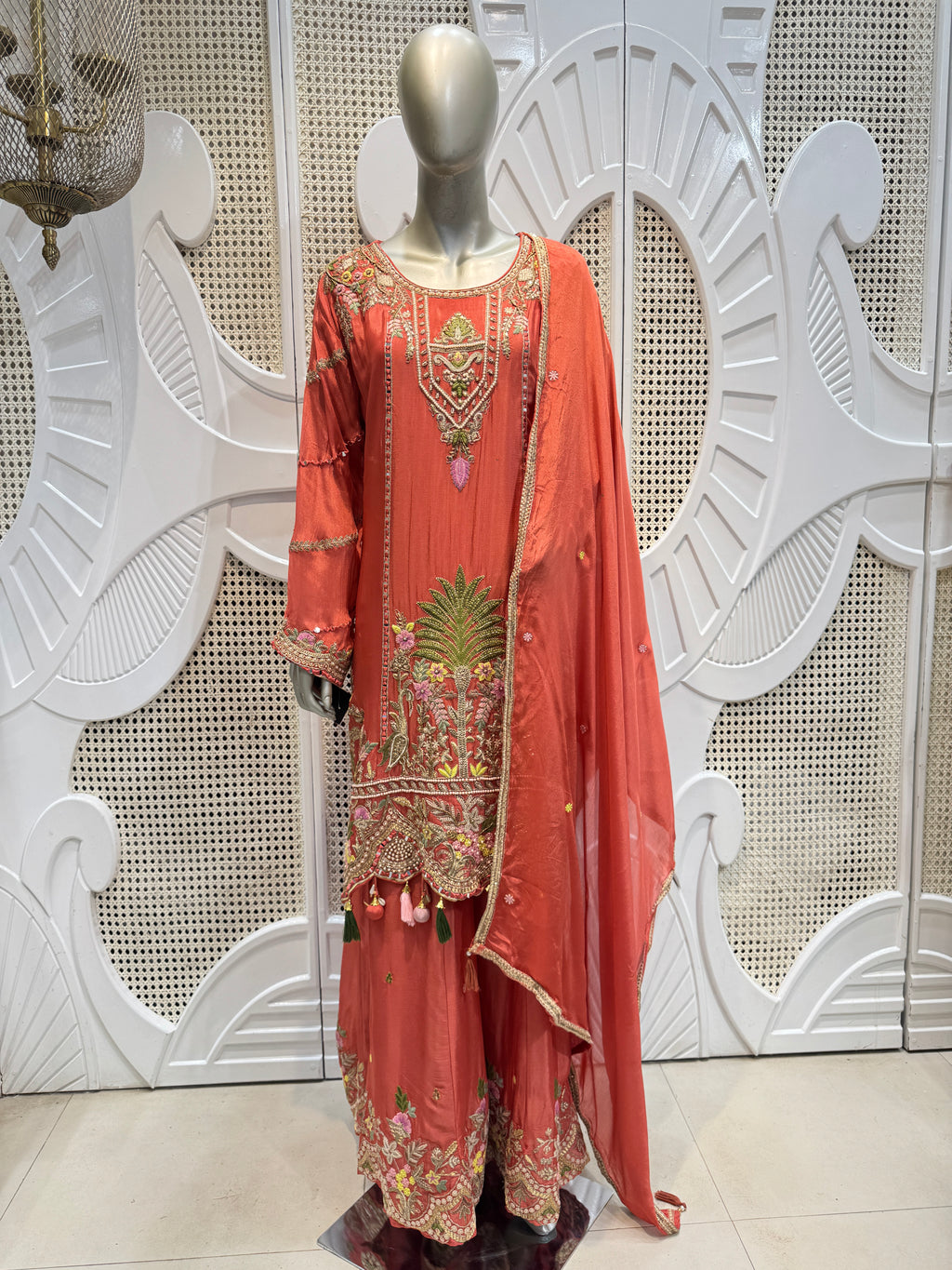 Coral Pink Scalloped Embroidered Silk Kurta Plazo Set