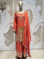 Coral Pink Scalloped Embroidered Silk Kurta Plazo Set