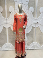 Coral Pink Scalloped Embroidered Silk Kurta Plazo Set