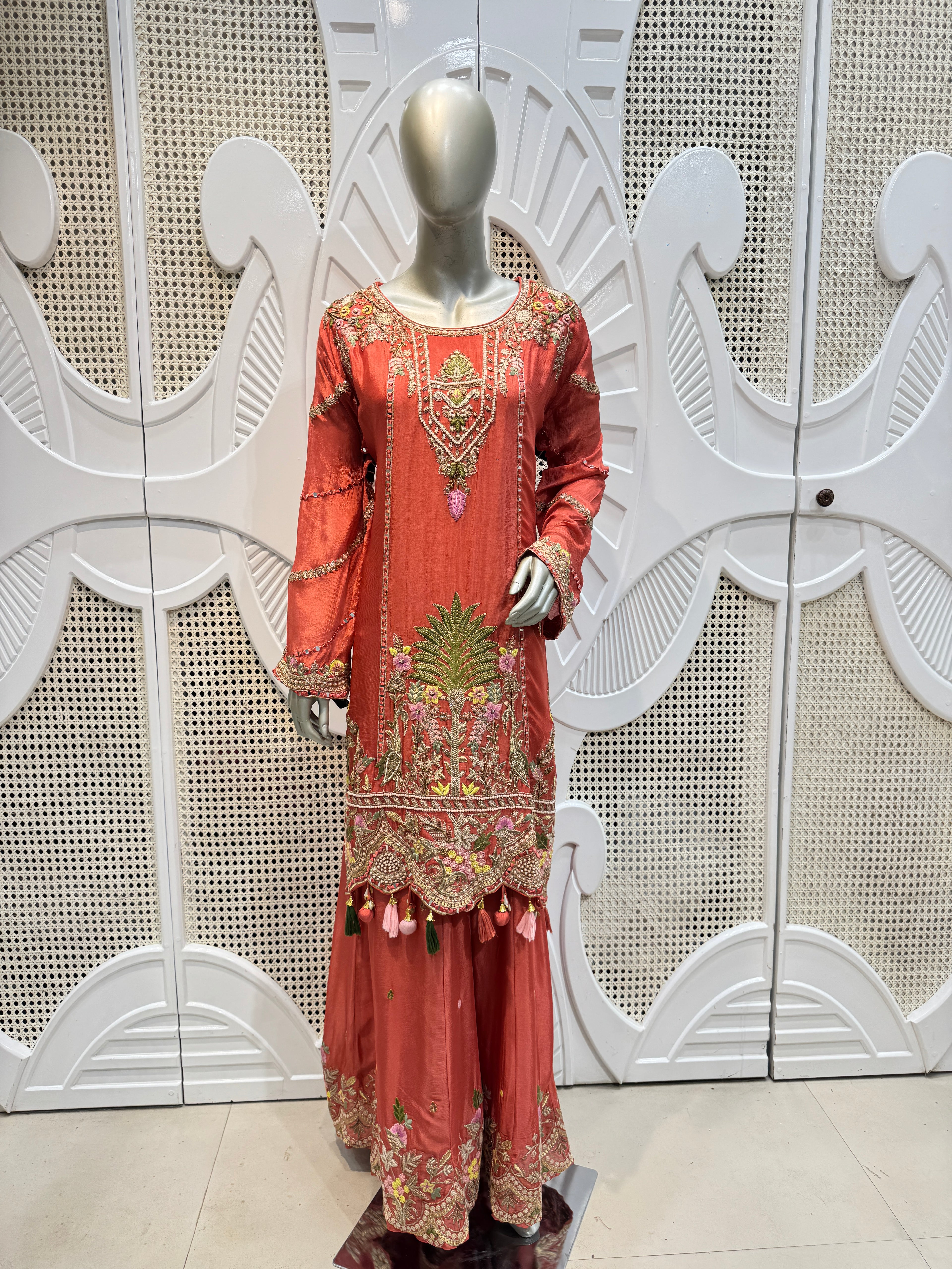 Coral Pink Scalloped Embroidered Silk Kurta Plazo Set