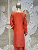 Coral Pink Scalloped Embroidered Silk Kurta Plazo Set