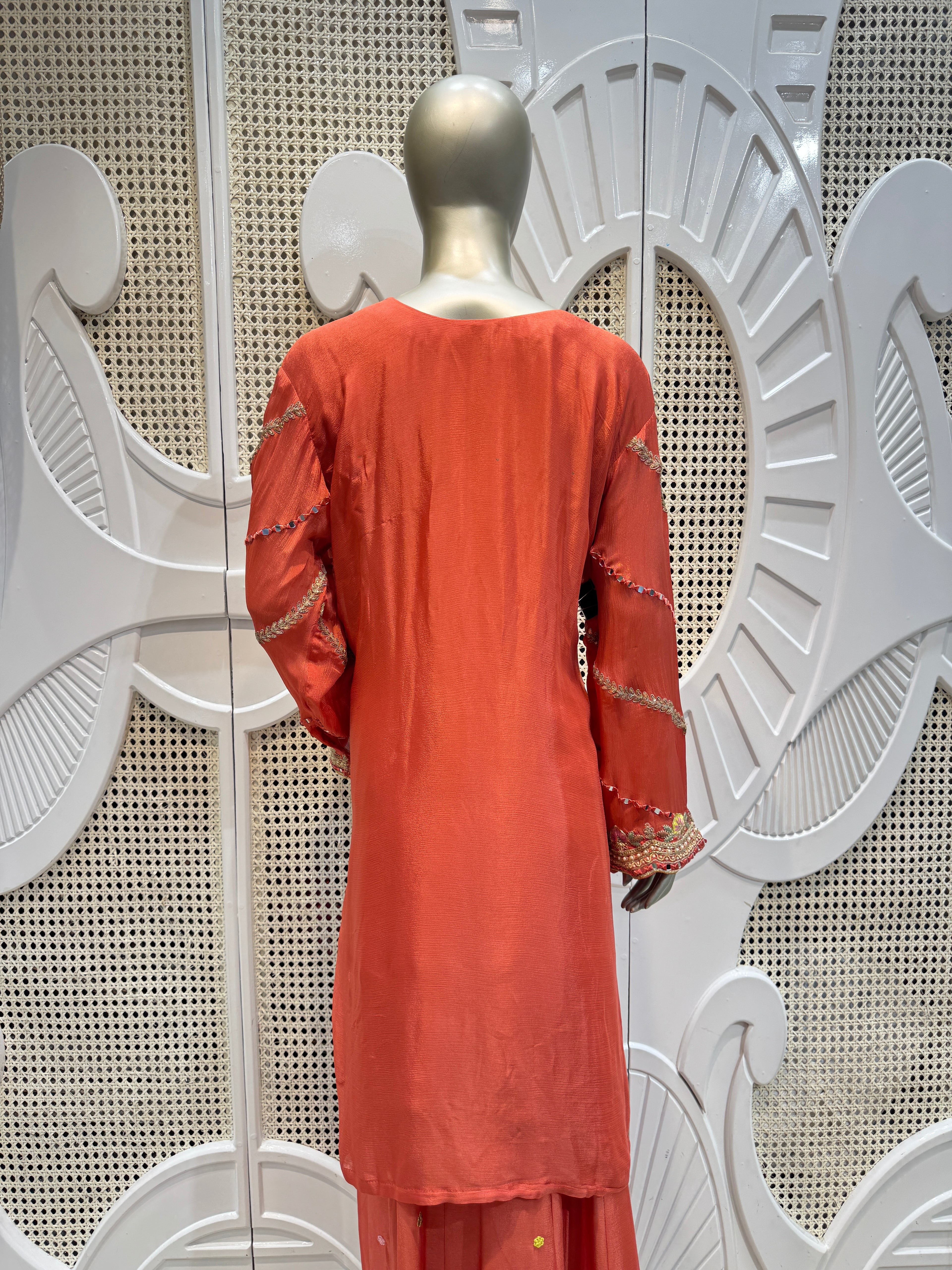 Coral Pink Scalloped Embroidered Silk Kurta Plazo Set