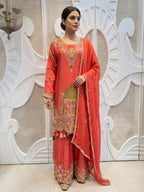 Coral Pink Scalloped Embroidered Silk Kurta Plazo Set