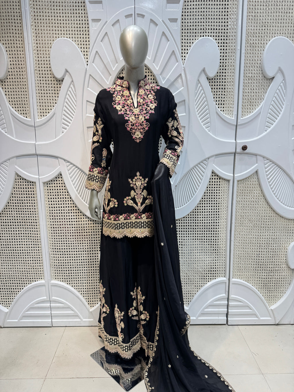 Jet Black Floral Embroidered Silk Kurta Plazo Set