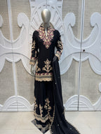 Jet Black Floral Embroidered Silk Kurta Plazo Set