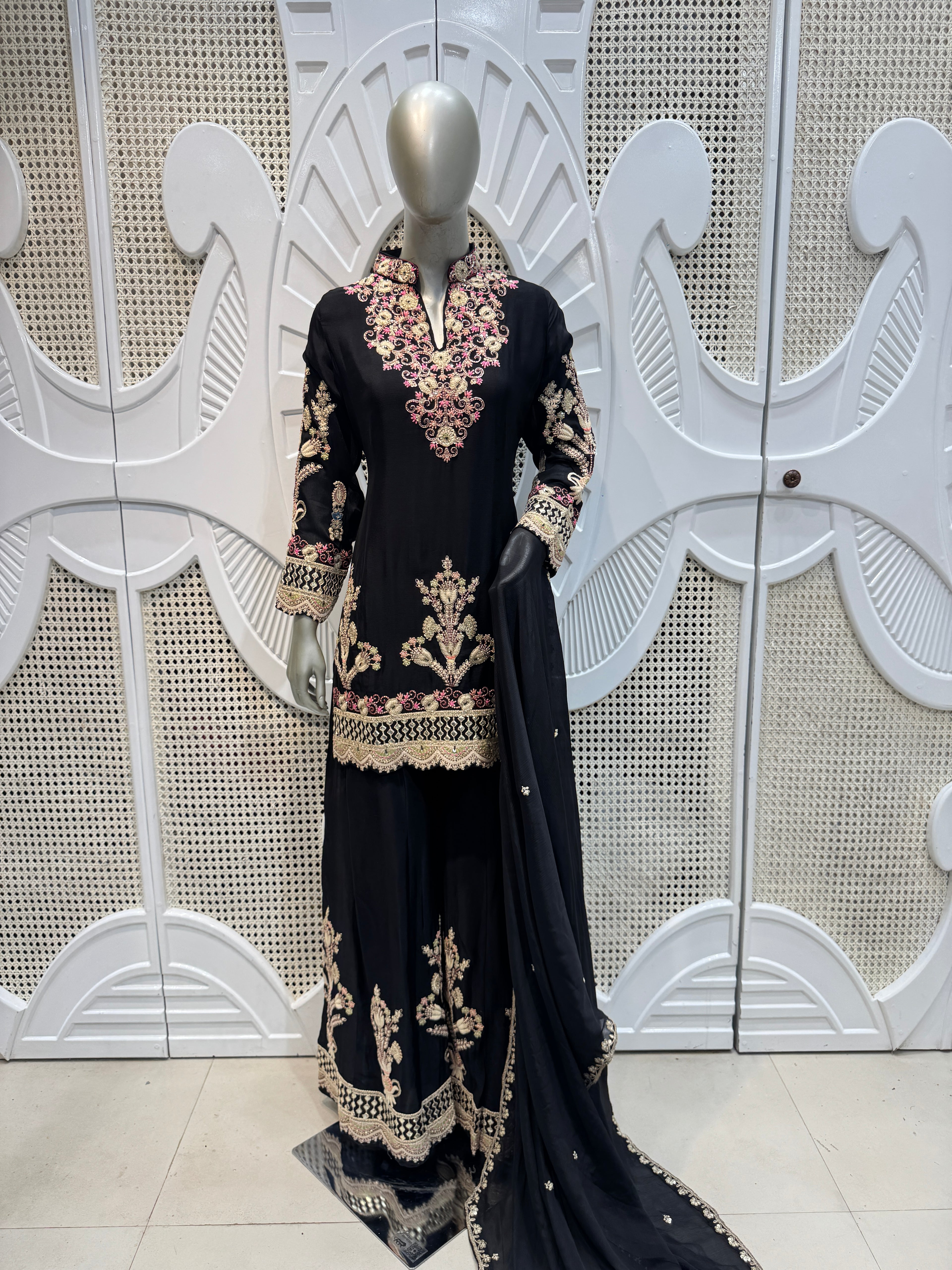 Jet Black Floral Embroidered Silk Kurta Plazo Set