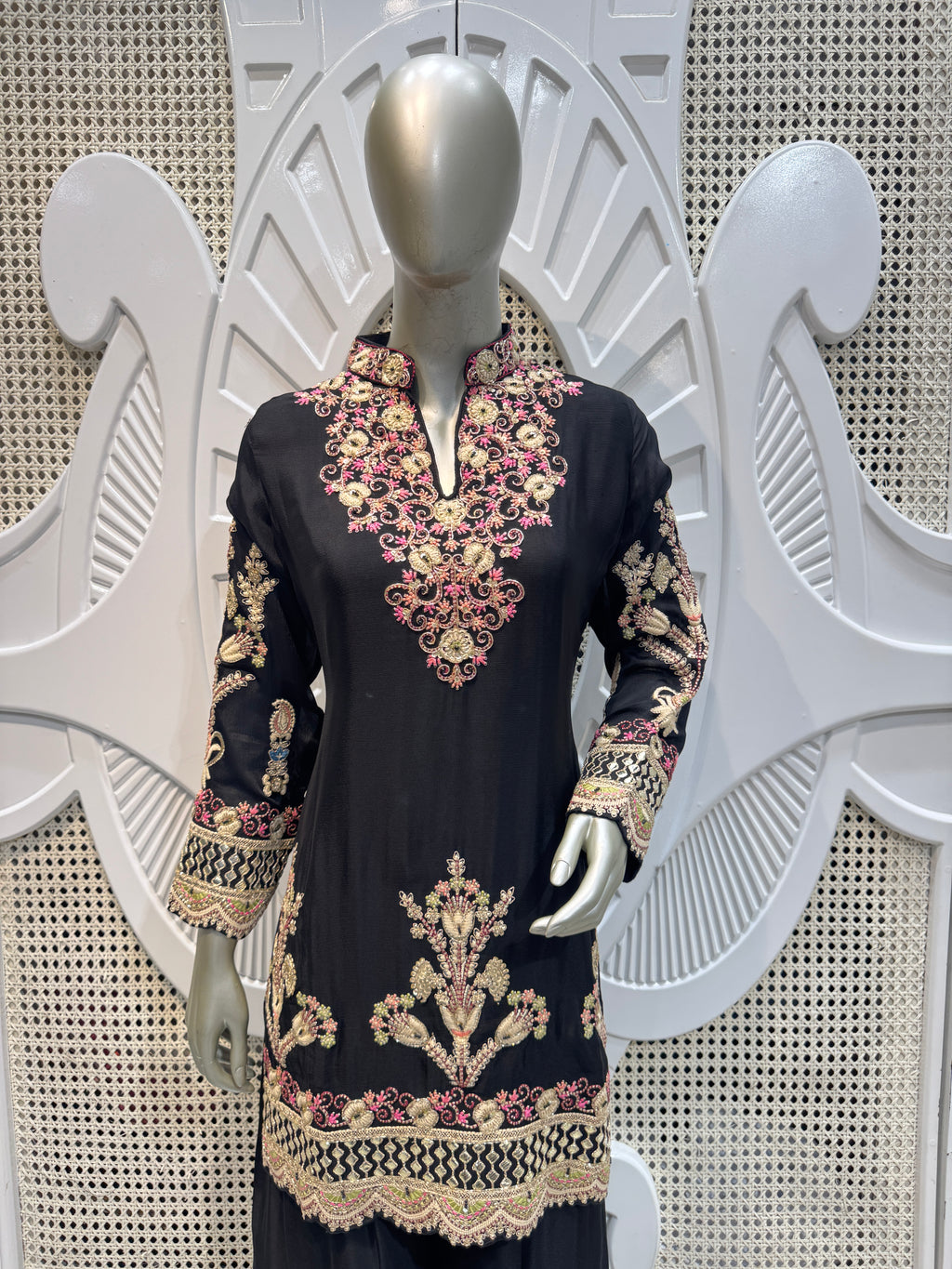 Jet Black Floral Embroidered Silk Kurta Plazo Set