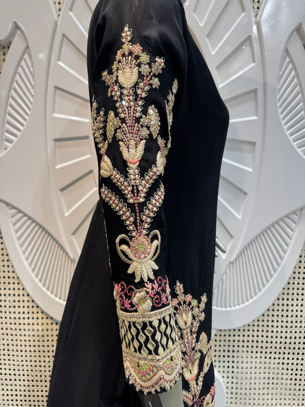 Jet Black Floral Embroidered Silk Kurta Plazo Set