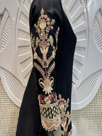 Jet Black Floral Embroidered Silk Kurta Plazo Set