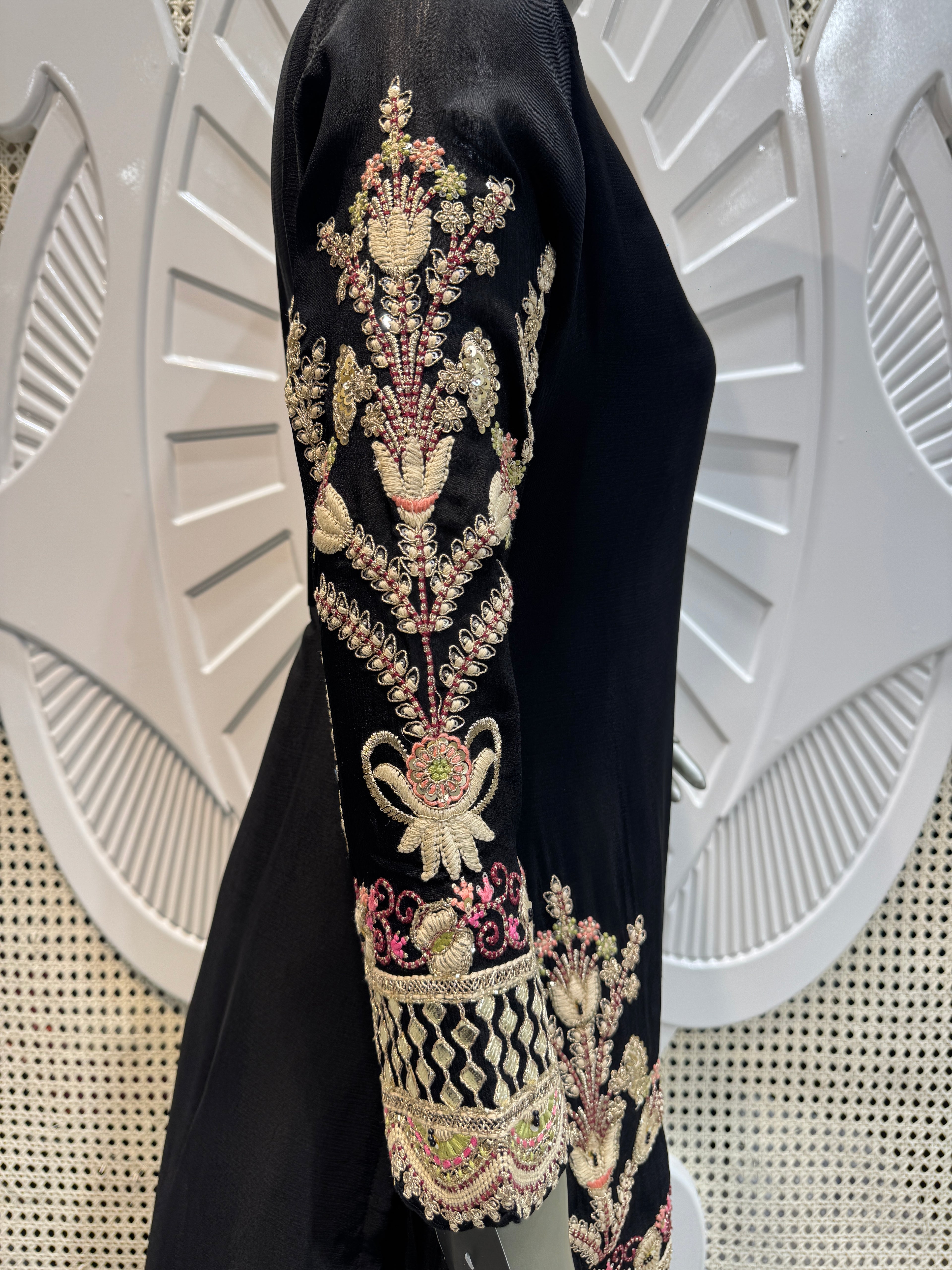 Jet Black Floral Embroidered Silk Kurta Plazo Set
