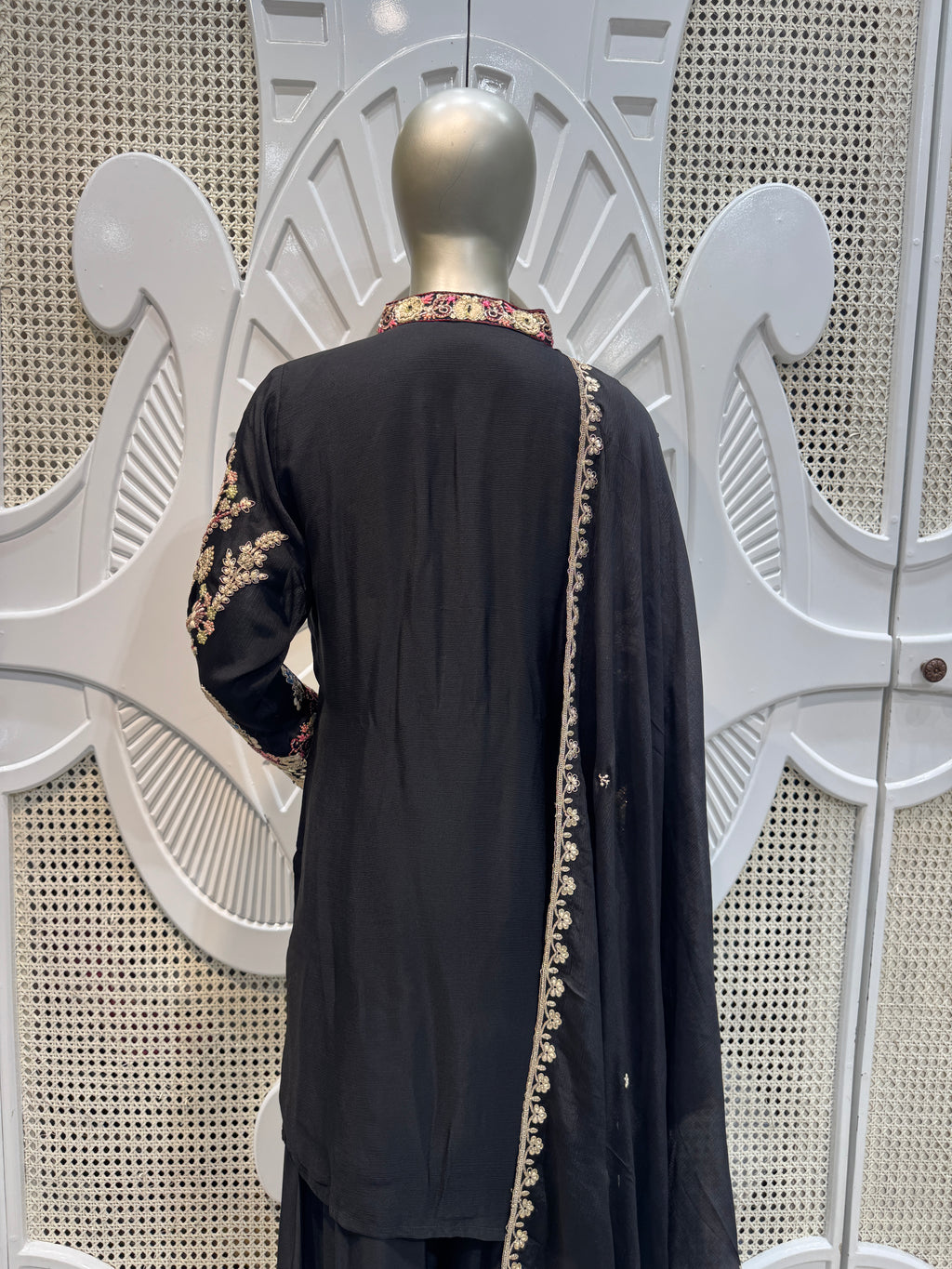 Jet Black Floral Embroidered Silk Kurta Plazo Set