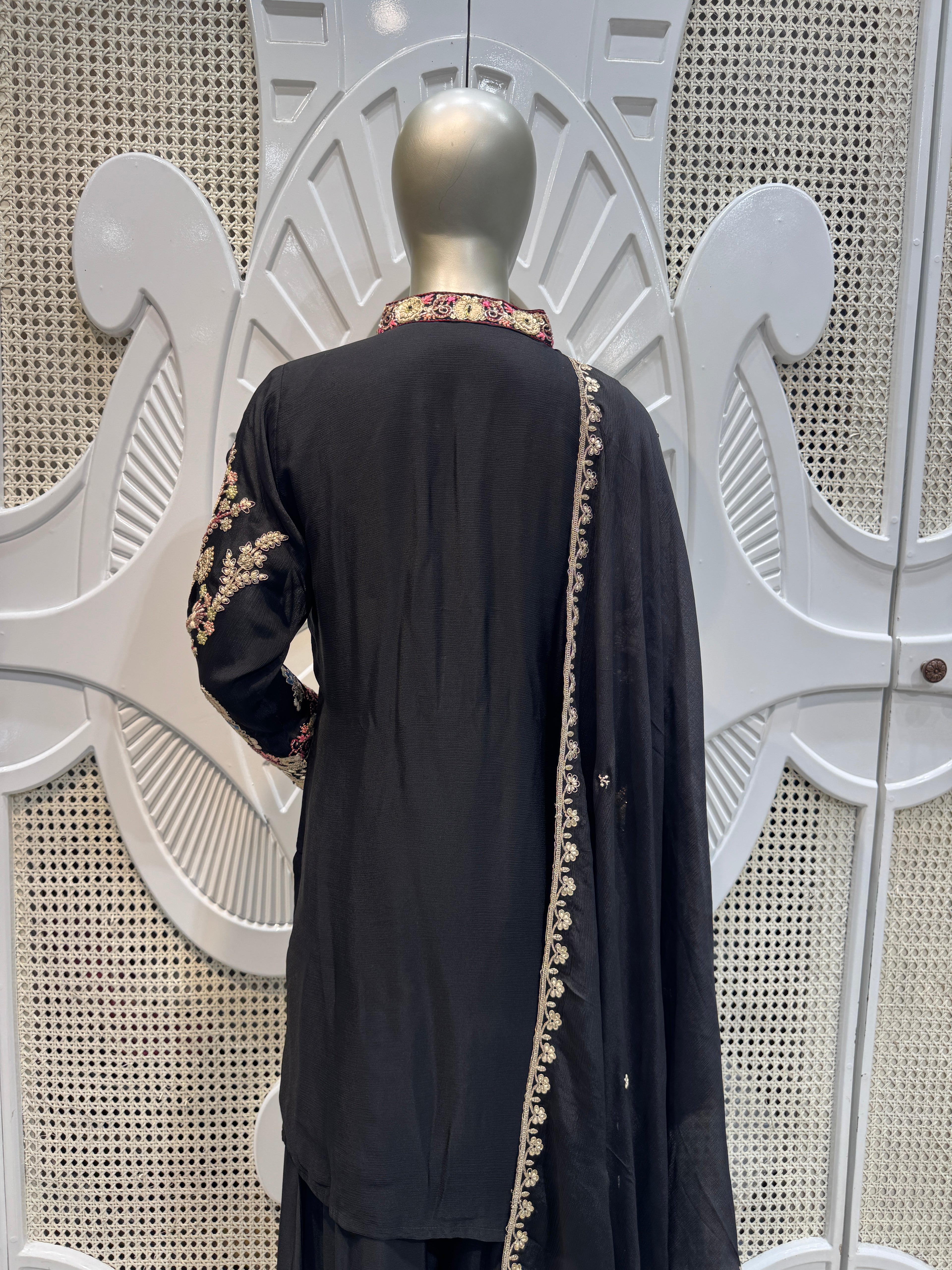 Jet Black Floral Embroidered Silk Kurta Plazo Set