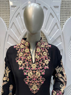 Jet Black Floral Embroidered Silk Kurta Plazo Set