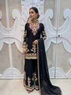 Jet Black Floral Embroidered Silk Kurta Plazo Set