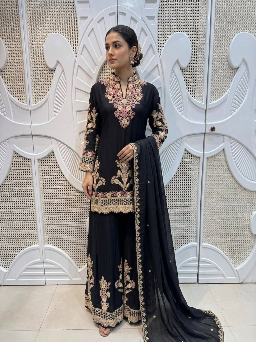 Jet Black Floral Embroidered Silk Kurta Plazo Set
