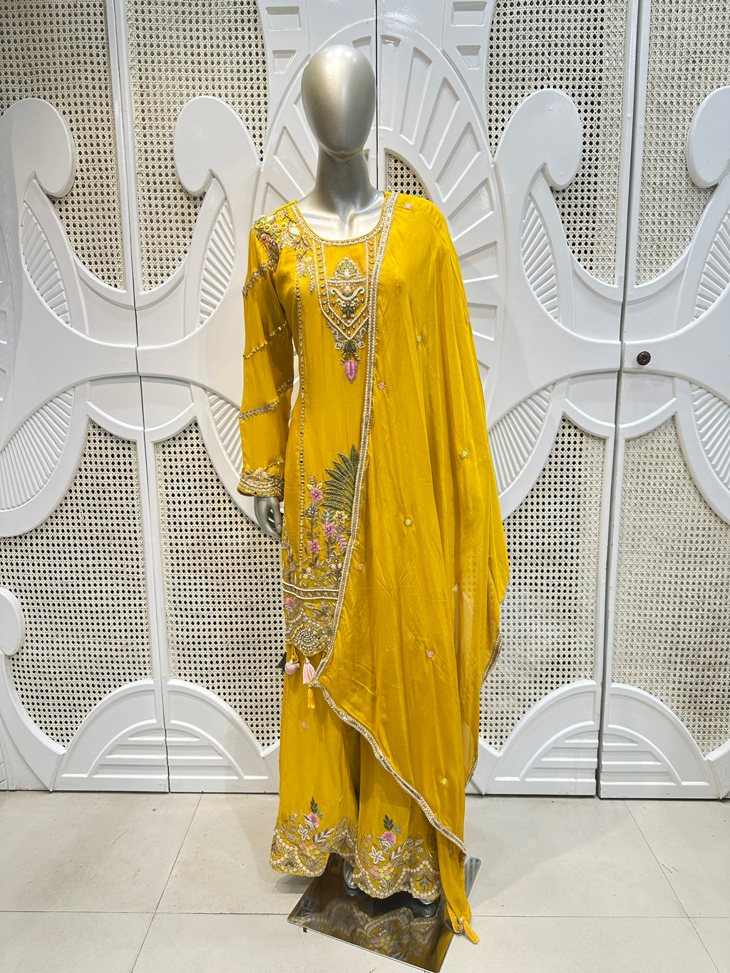 Haldi Yellow Scalloped Embroidered Silk Kurta Plazo Set