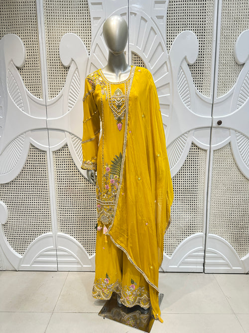 Haldi Yellow Scalloped Embroidered Silk Kurta Plazo Set
