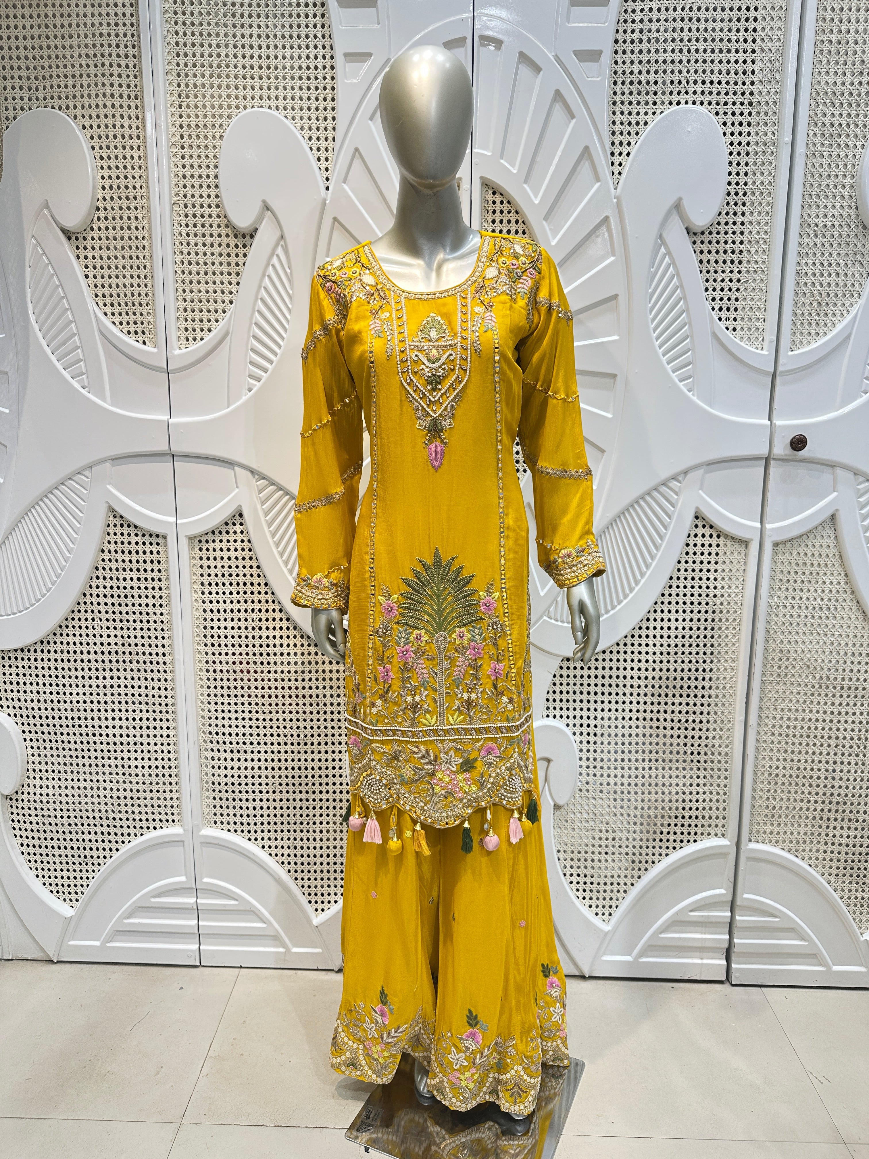 Haldi Yellow Scalloped Embroidered Silk Kurta Plazo Set