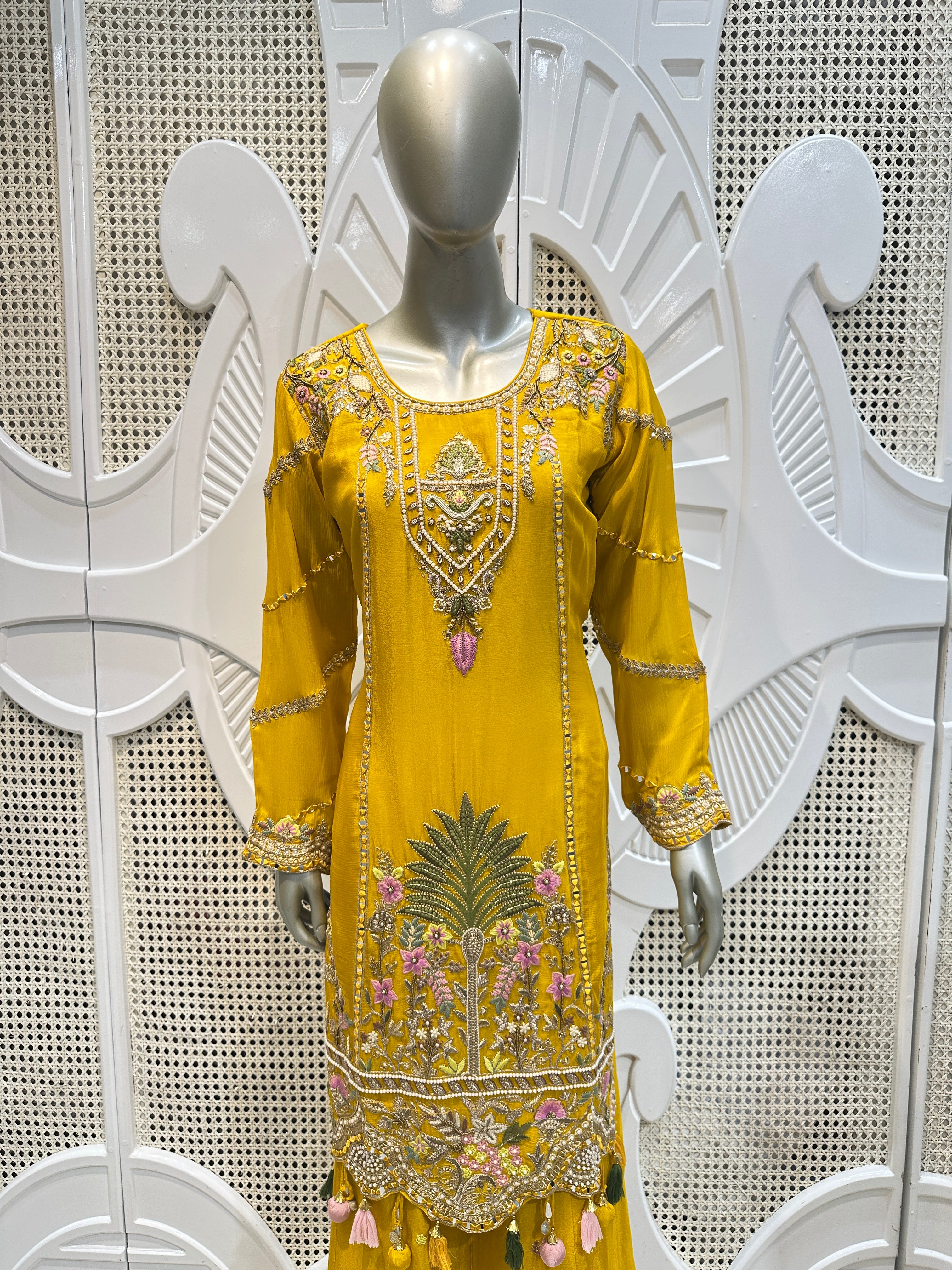 Haldi Yellow Scalloped Embroidered Silk Kurta Plazo Set