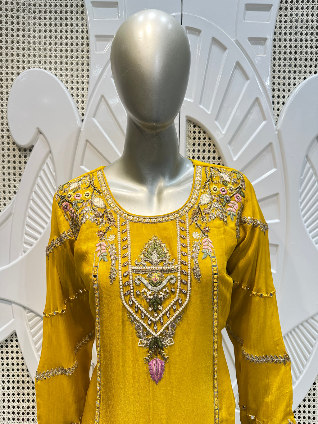 Haldi Yellow Scalloped Embroidered Silk Kurta Plazo Set