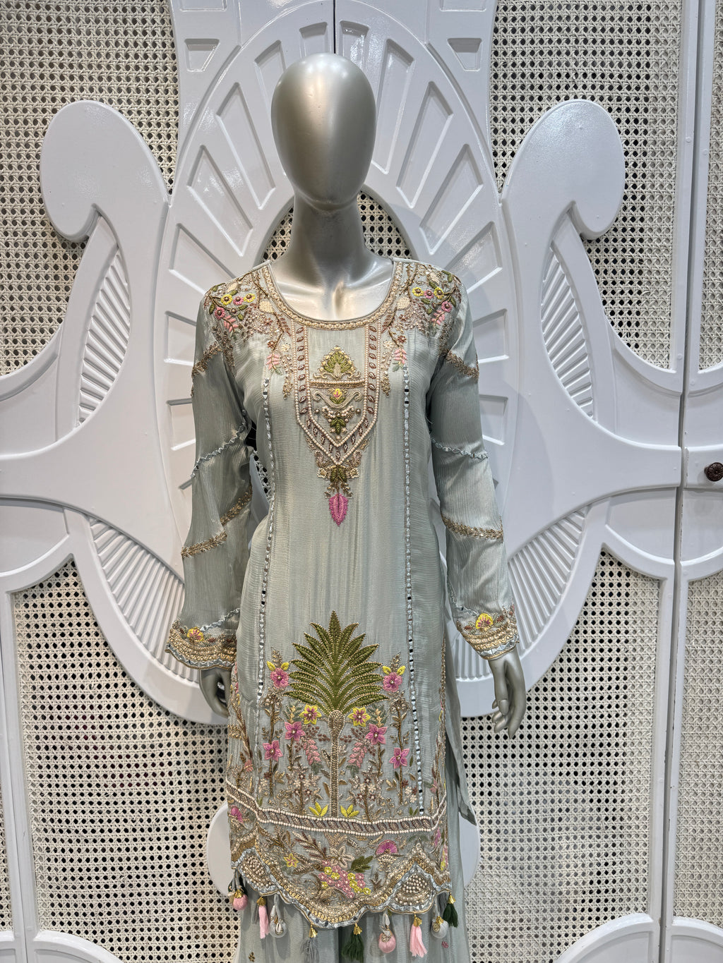 Sage Grey-Green Scalloped Embroidered Silk Kurta Plazo Set