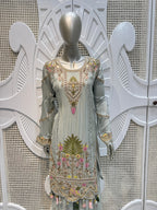 Sage Grey-Green Scalloped Embroidered Silk Kurta Plazo Set