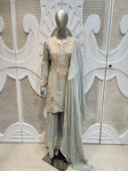 Sage Grey-Green Scalloped Embroidered Silk Kurta Plazo Set