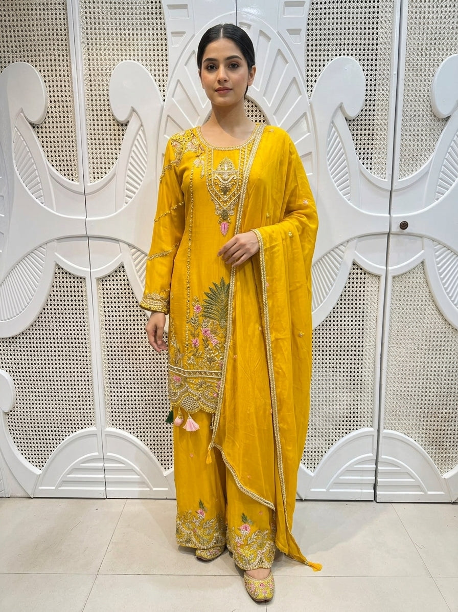 Haldi Yellow Scalloped Embroidered Silk Kurta Plazo Set