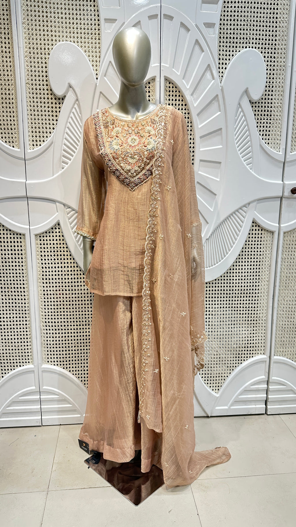 Pastel Peach Embroidered Silk Kurta Plazo Set