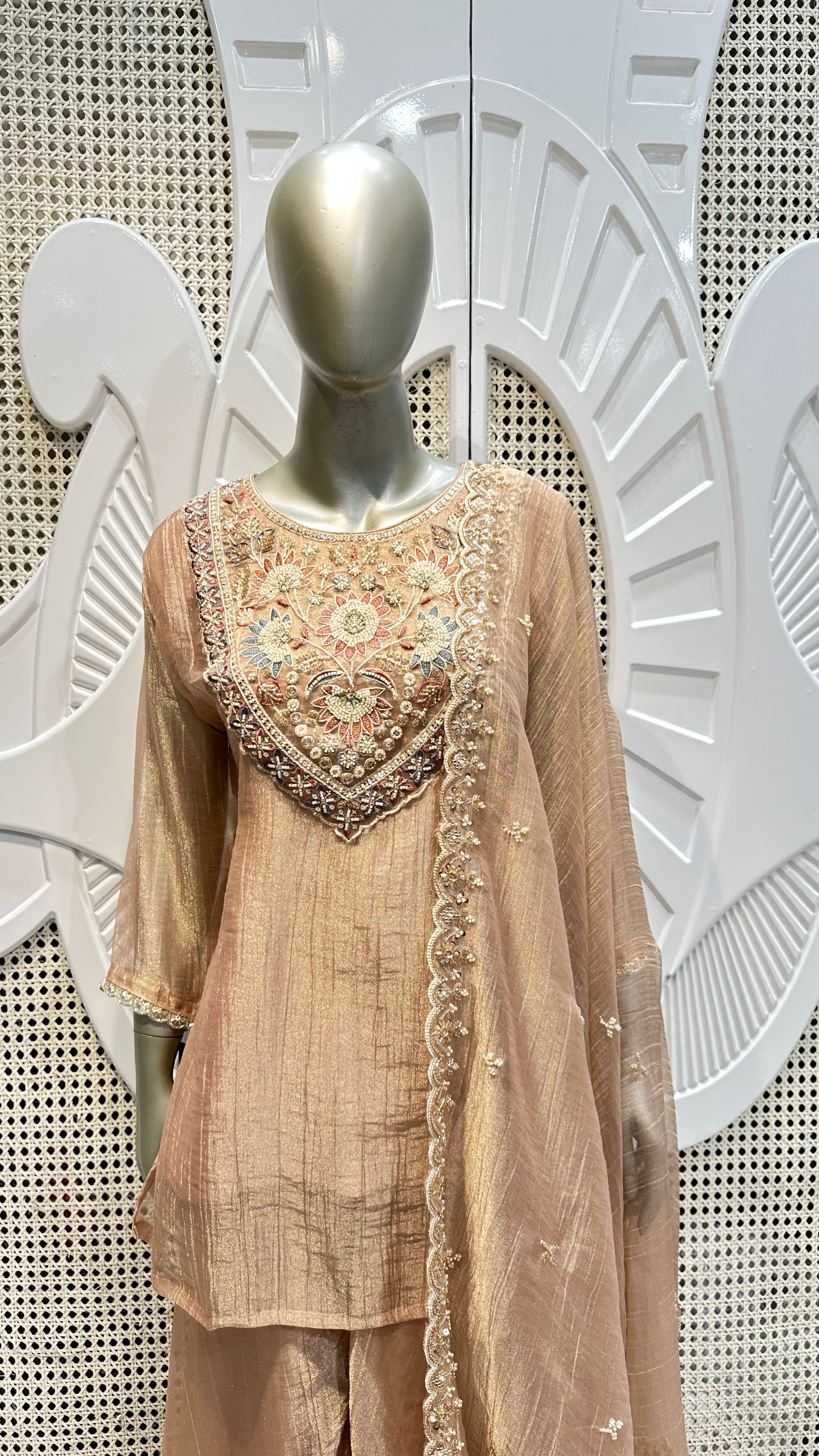 Pastel Peach Embroidered Silk Kurta Plazo Set