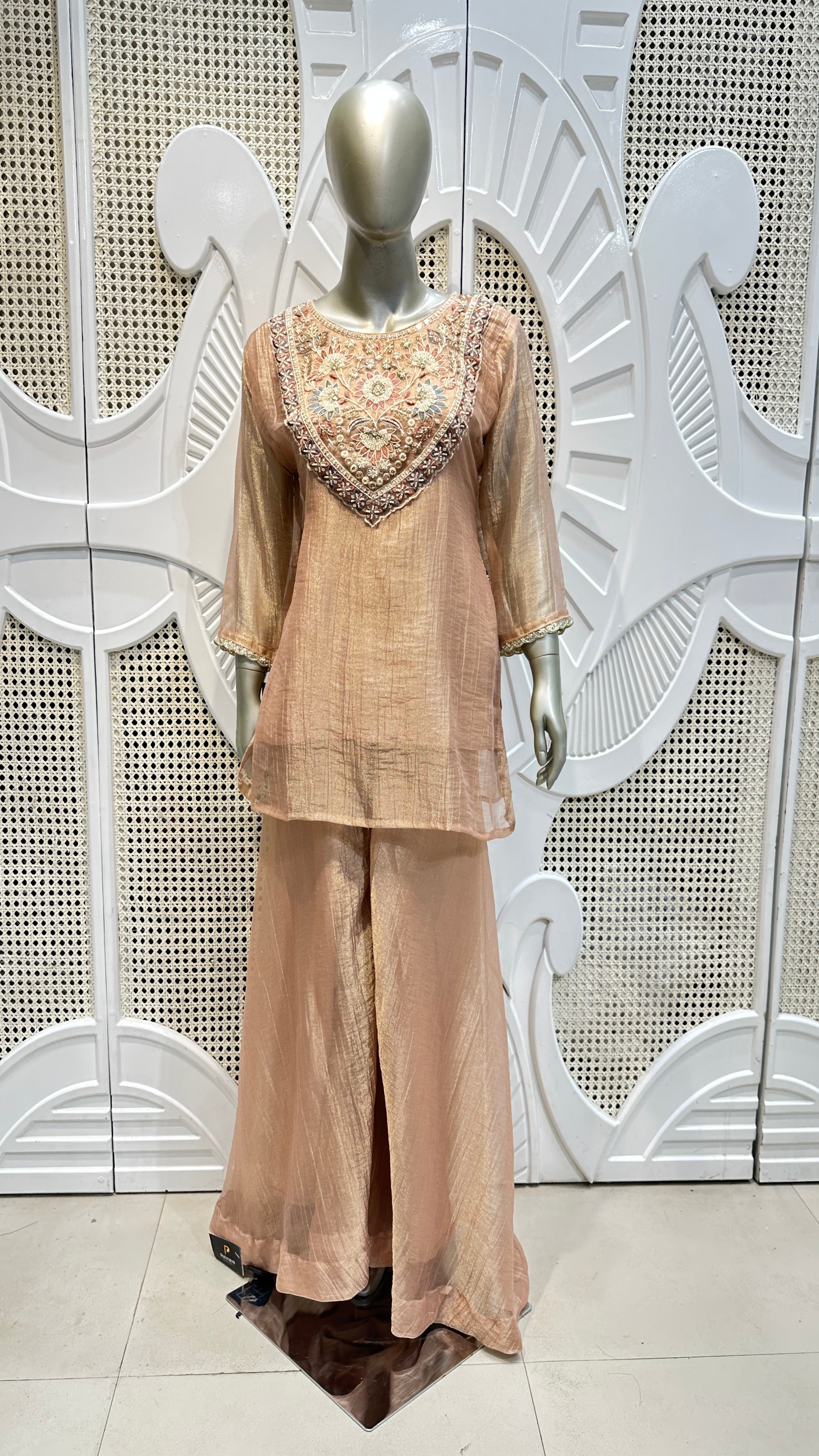 Pastel Peach Embroidered Silk Kurta Plazo Set