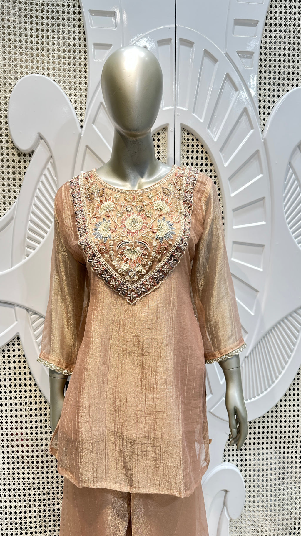Pastel Peach Embroidered Silk Kurta Plazo Set