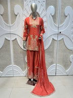 Coral Rust Geometrical Embroidered Silk Kurta Plazo Set