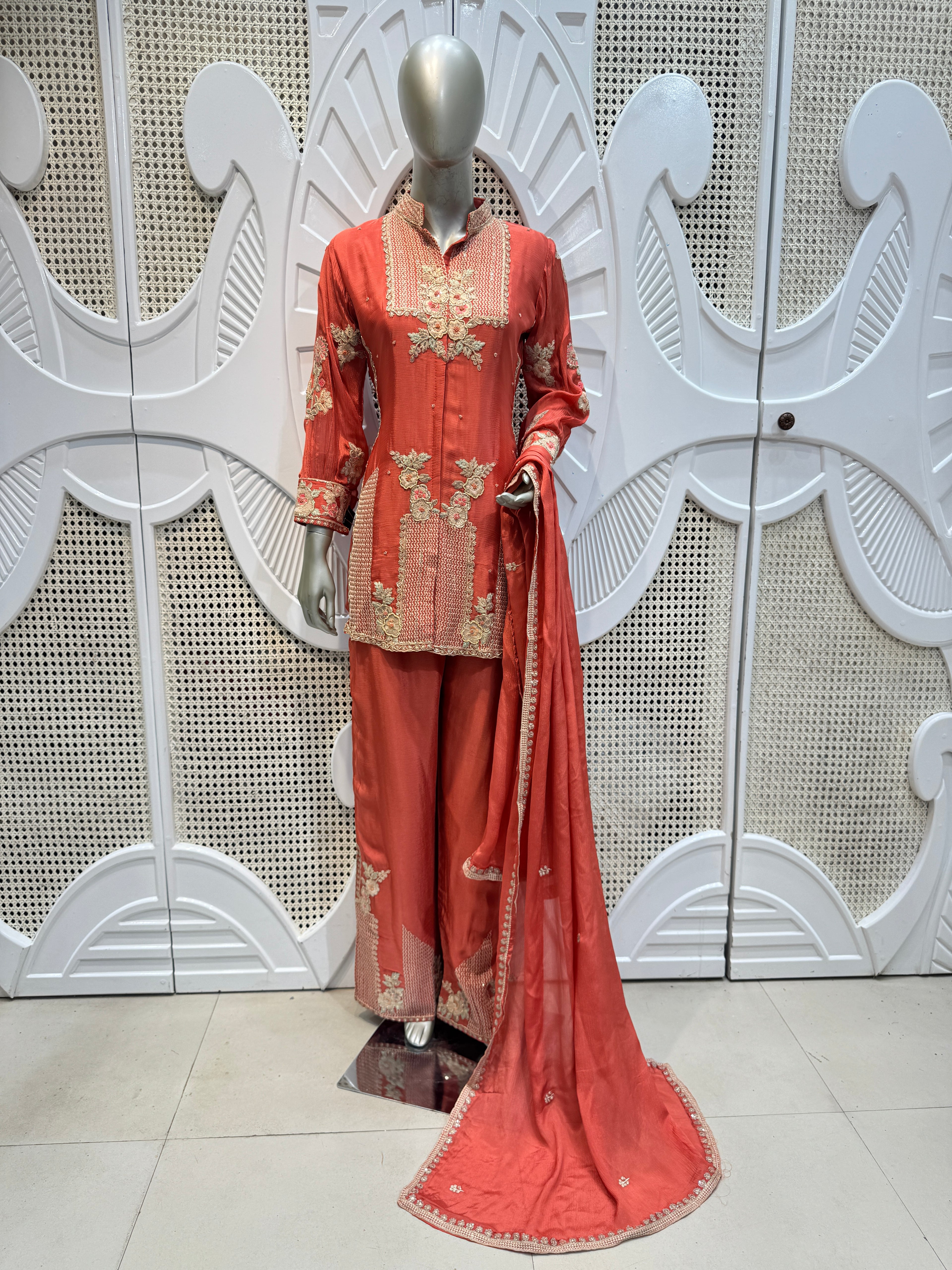 Coral Rust Geometrical Embroidered Silk Kurta Plazo Set