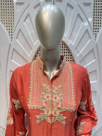 Coral Rust Geometrical Embroidered Silk Kurta Plazo Set
