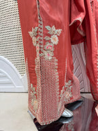 Coral Rust Geometrical Embroidered Silk Kurta Plazo Set