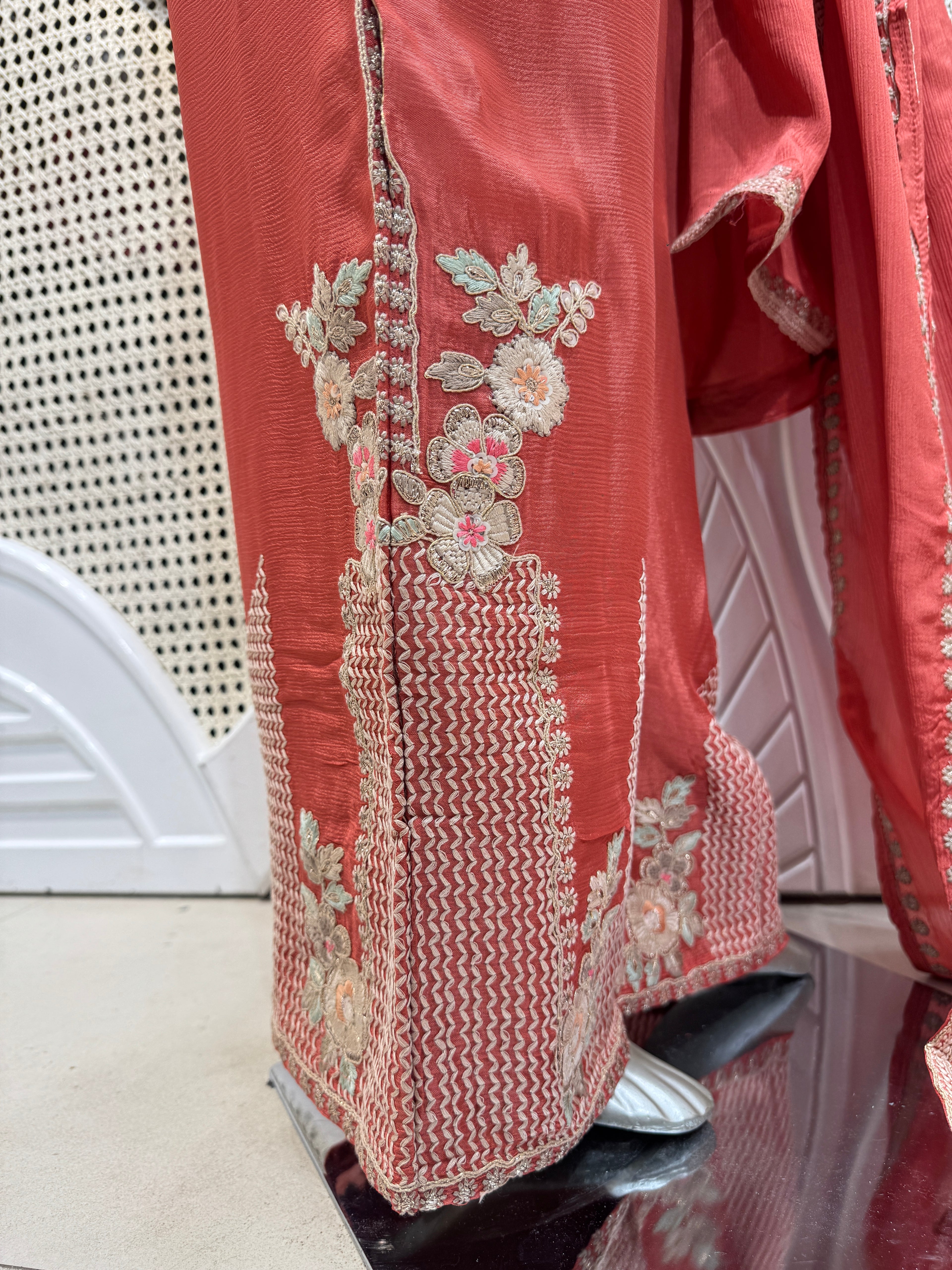Coral Rust Geometrical Embroidered Silk Kurta Plazo Set