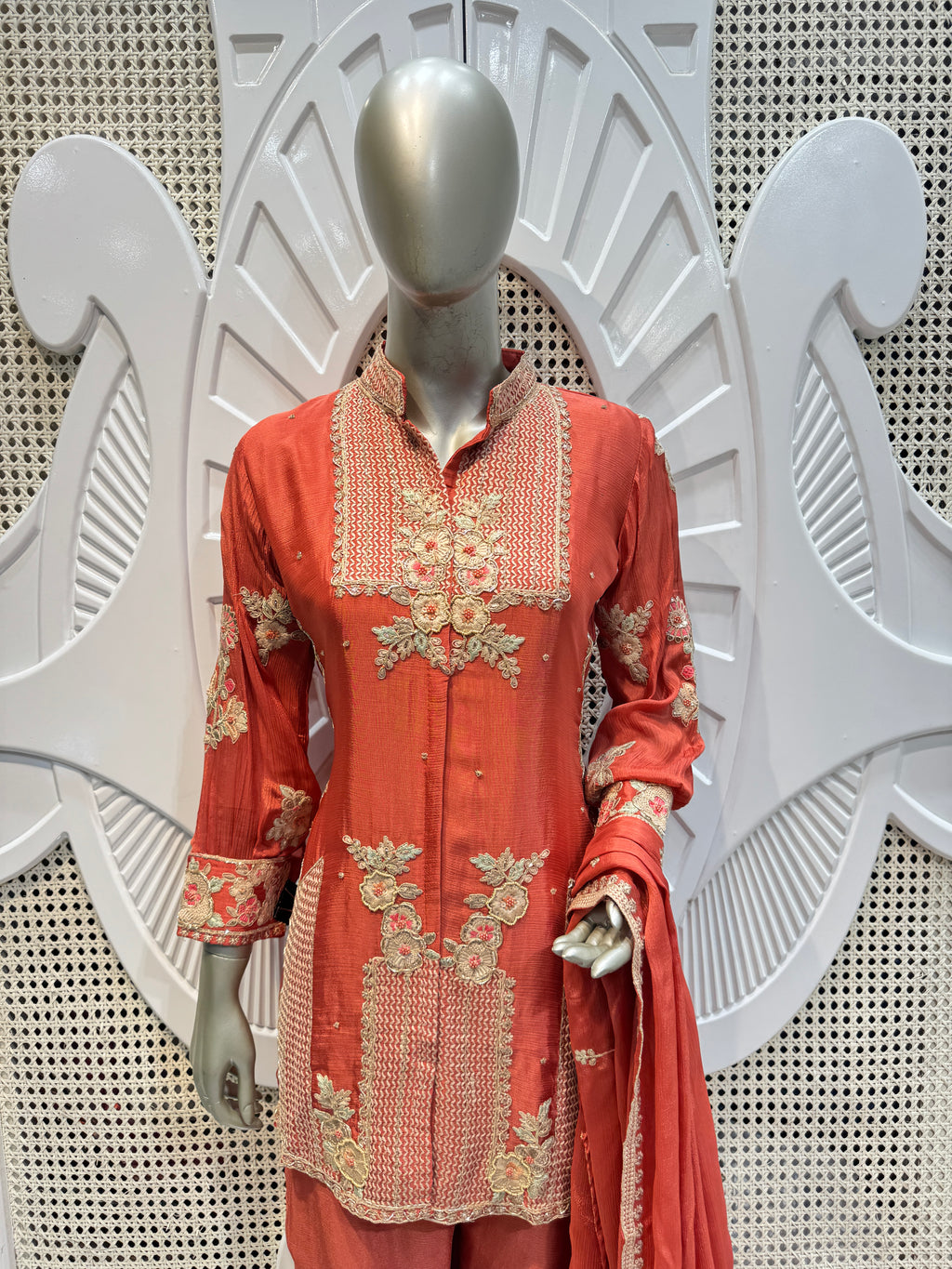 Coral Rust Geometrical Embroidered Silk Kurta Plazo Set