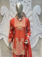 Coral Rust Geometrical Embroidered Silk Kurta Plazo Set