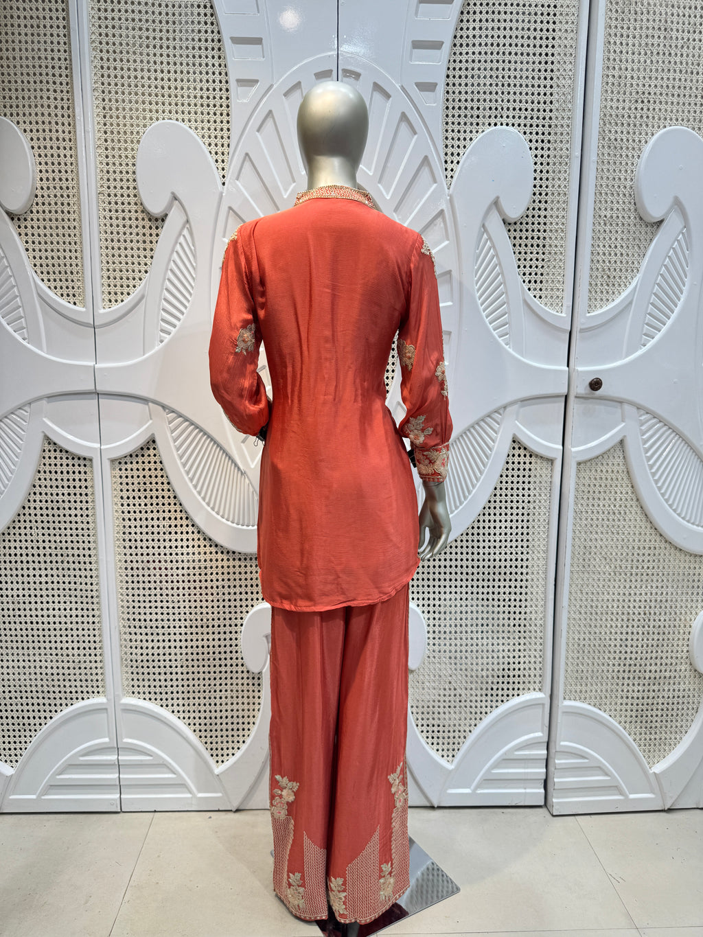 Coral Rust Geometrical Embroidered Silk Kurta Plazo Set