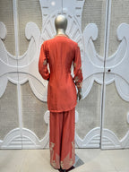 Coral Rust Geometrical Embroidered Silk Kurta Plazo Set