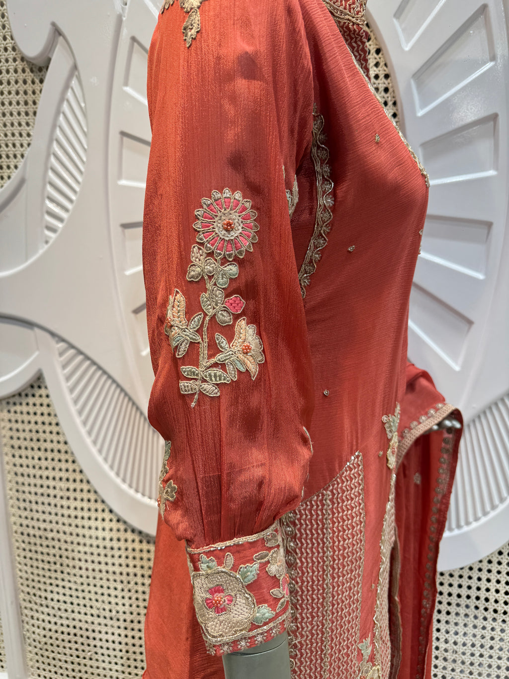 Coral Rust Geometrical Embroidered Silk Kurta Plazo Set