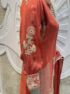 Coral Rust Geometrical Embroidered Silk Kurta Plazo Set