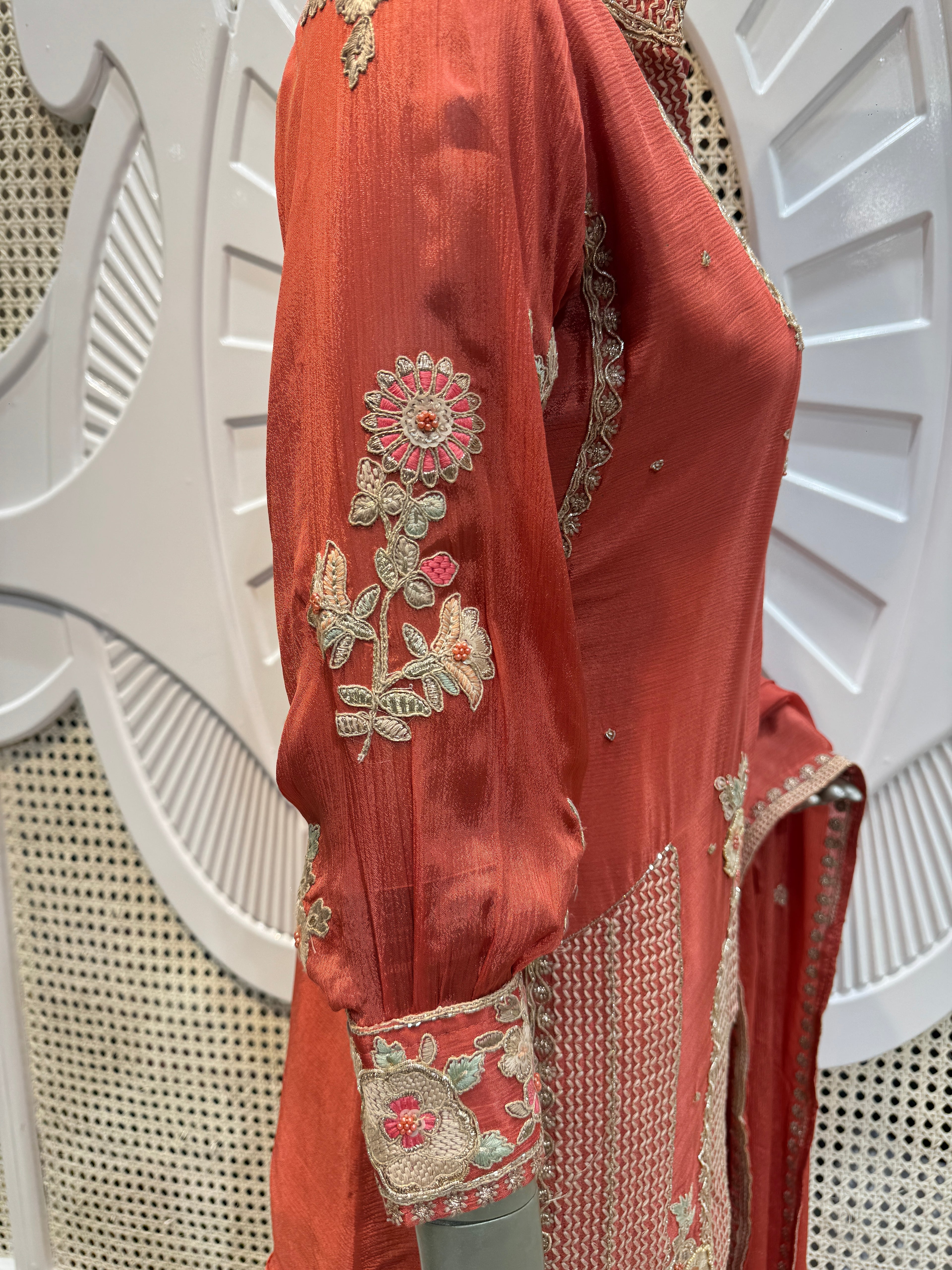 Coral Rust Geometrical Embroidered Silk Kurta Plazo Set