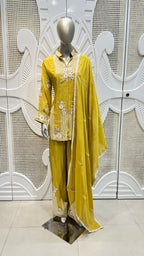 Mehendi Green Geometrical Embroidered Silk Kurta Plazo Set